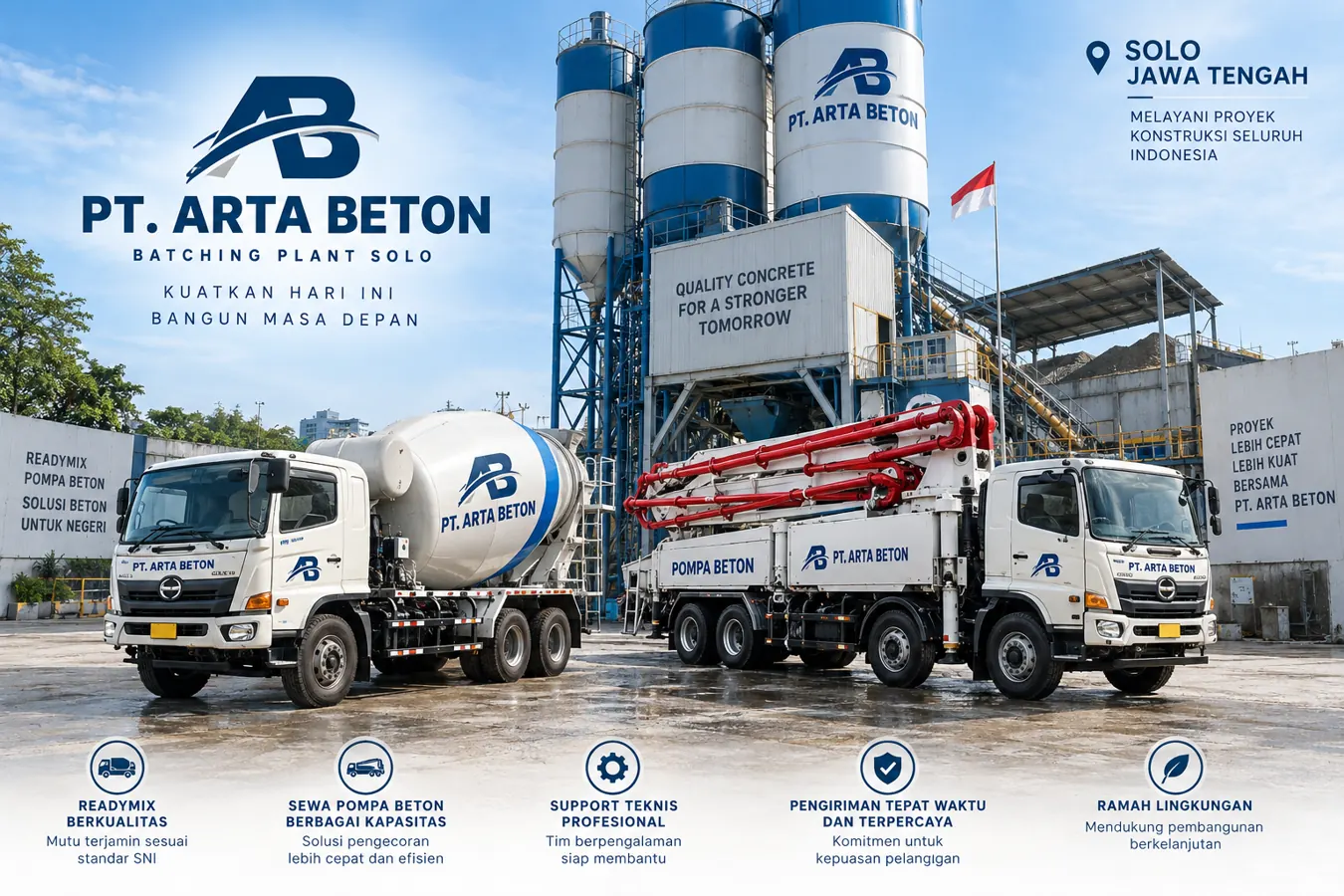 Batching plant PT Arta Beton Solo dengan truck mixer dan pompa beton untuk proyek di Jawa Tengah